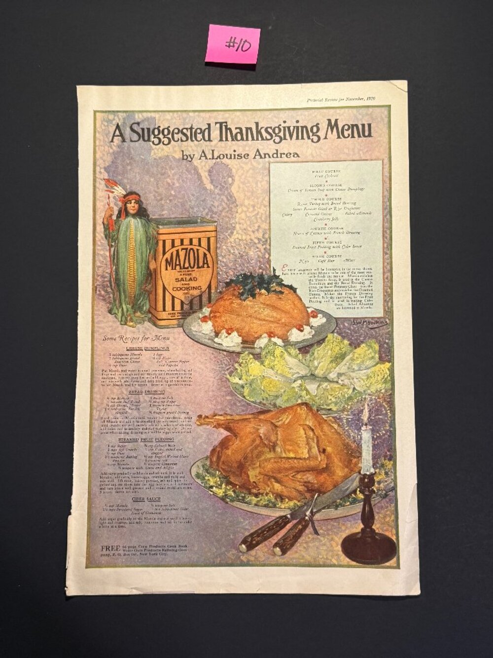 Mazola Thanksgiving Menu Ideas Pictorial Review Comp Nov 1920 Advert (AD010)